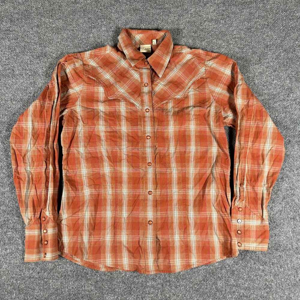 Rockies Western Shirt Womens Size L Orange Plaid Pearl Snap Long Sleeve Cotton